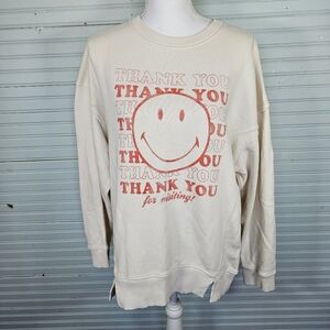 Aerie Cream Smiley Face Thank You For Visiting "Distressed" Sweatshirt, Size XS